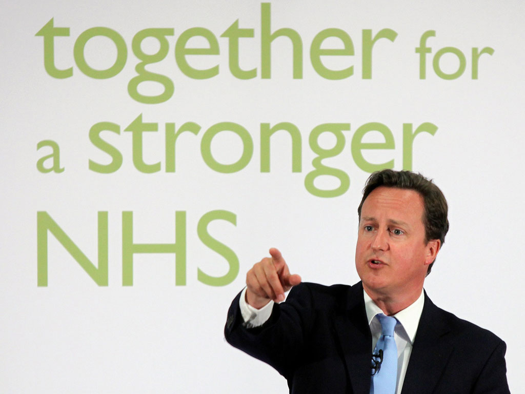 Image of David Cameron in front of a Conservative lie on the NHS