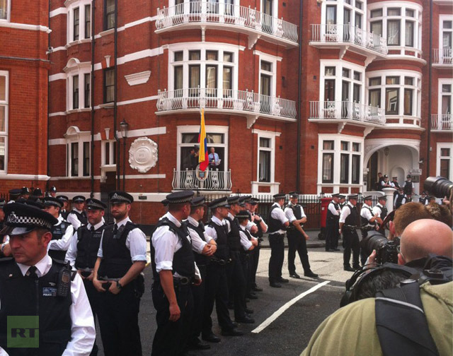 Julian Assange speaks at London's Ecuadorian Embassy