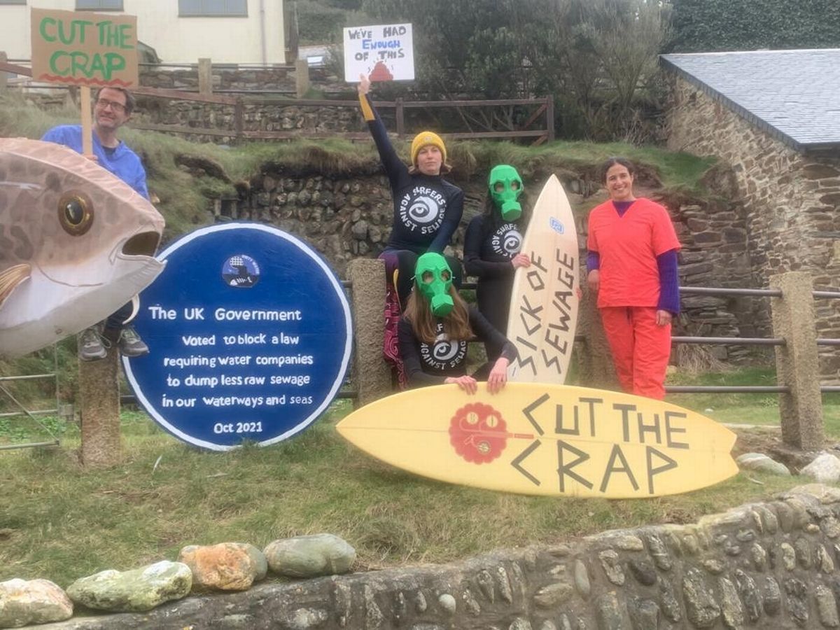 April 2023 Surfers Against Sewage and Extinction Rebellion protests in St Agnes, Perranporth, Truro and Charlestown which unveiled spoof Blue Plaques to the MPs and Conservative Government who allowed raw sewage to be dumped in the sea (Image: Surfers Against Sewage)