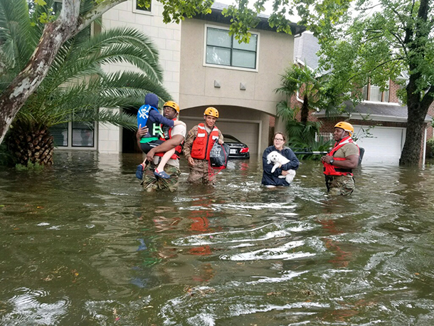 While the aftermath of hurricanes continue to affect residents, such as those in Houston, Texas devastated by Hurricane Harvey (see image), research has found that the frequency and intensity of these latest storms have done little to shift public opinion about their connection with global warming. (Photo: Texas Military Department, Flickr CC BY-ND 2.0)