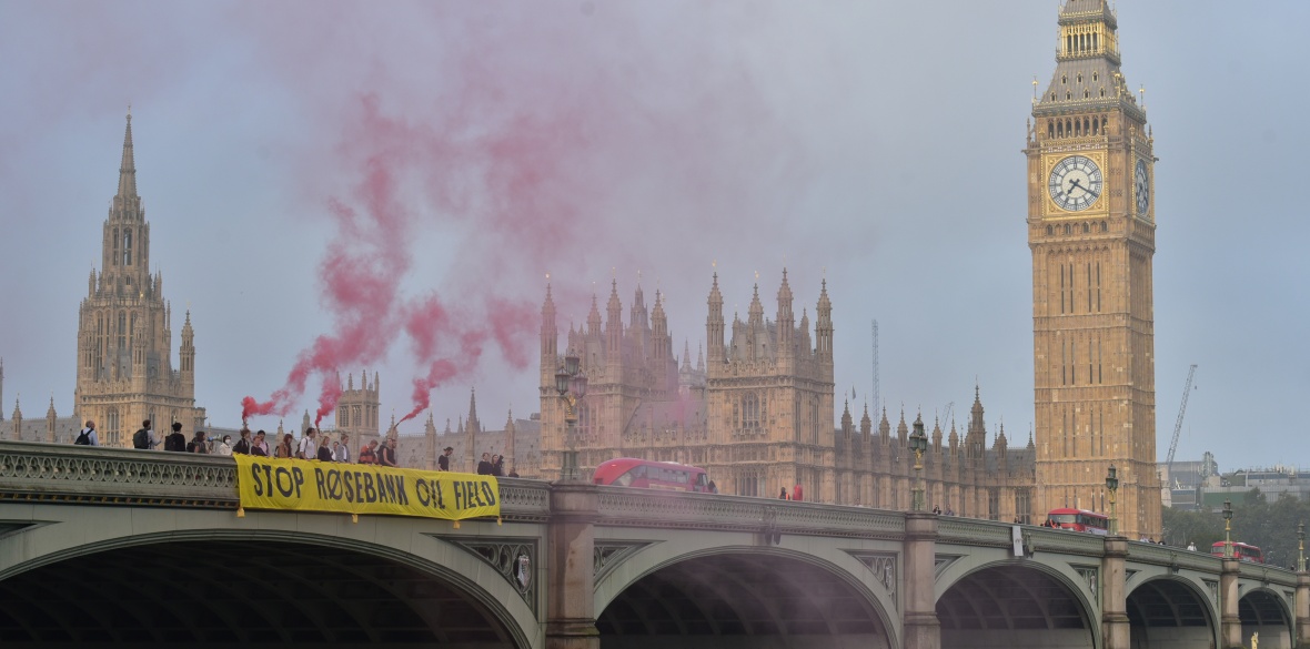 Fossil Free London set off flares and dropped a 15-metre banner Image: Fossil Free London
