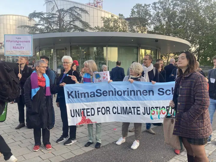Swiss women involved in another European climate lawsuit support the Portuguese youth at the courthouse in Strasbourg. Credit: Courtesy of the Global Legal Action Network (GLAN)