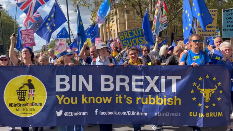 Rejoin Brexit march London 23 Sept 2023. Banner reads "BIN BREXIT You know it's rubbish"
