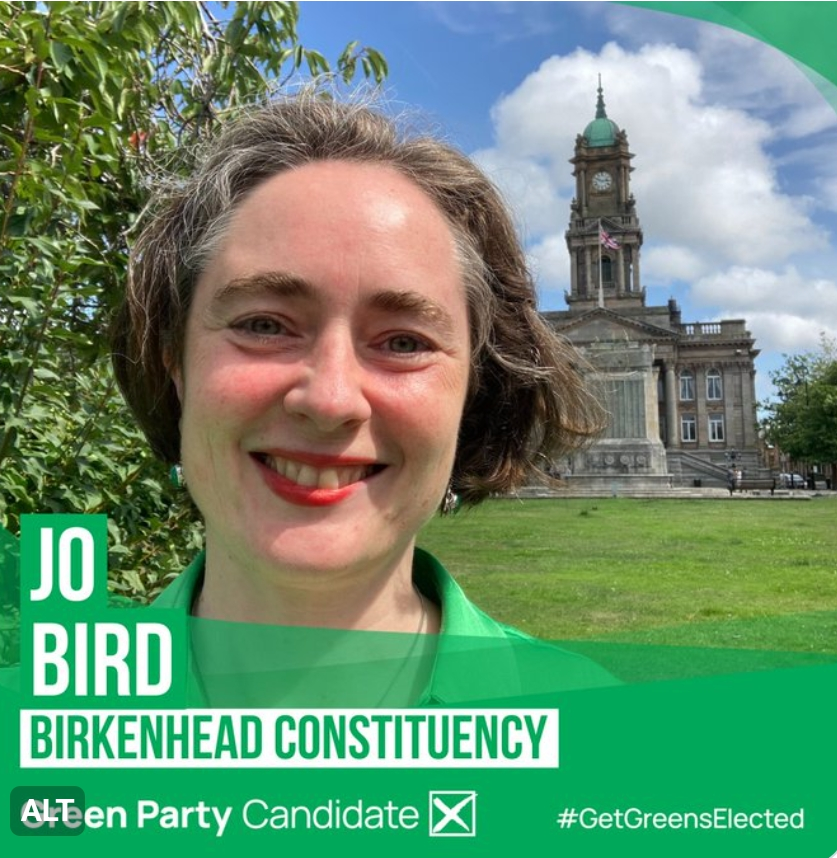Jo Bird, Green Party parliamentary candidate for Birkenhead. Image thanks to the Skwawkbox.