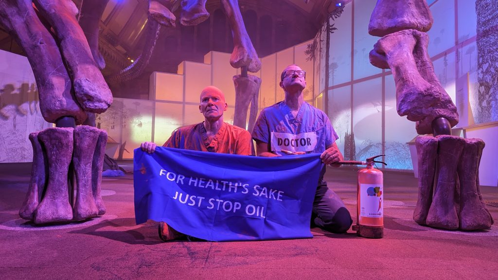 Health Professionals associated with Just Stop Oil protests at the Natural History Museum 26 Oct 2023.