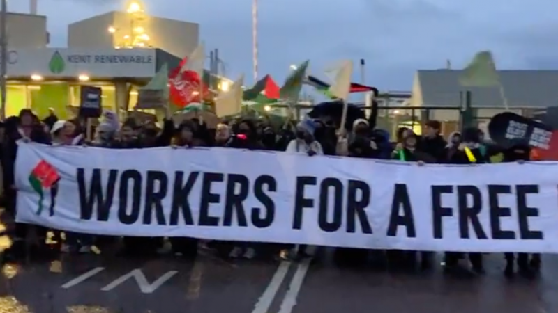 ‘Workers For A Free Palestine’ protest at Instro Precision Ltd in Sandwich, Kent, a subsidiary of arms manufacturer Elbit Systems. Trade unionists responded to a request from Palestinan trade unions and the humanitarian crisis in Gaza. 