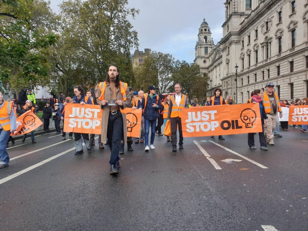 Just Stop Oil at Parliament Square protest 30 October 2023. Police issued and made arrests under a Section 7 order. Image: Just Stop Oil. 