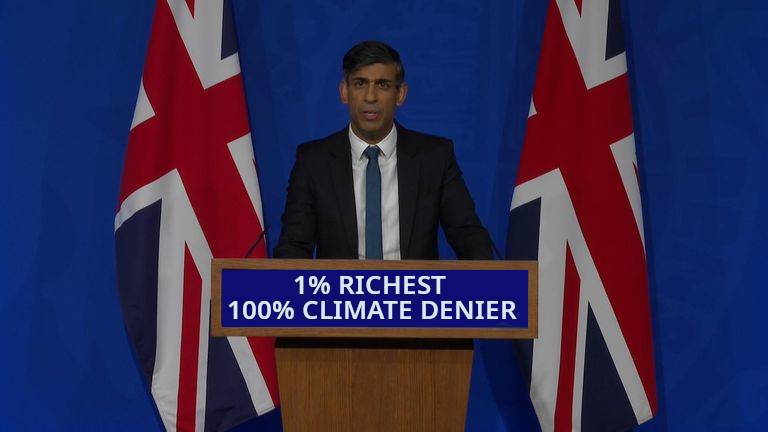 Image of UK Prime Minister Rishi Sunak reads 1% RICHEST 100% CLIMATE DENIER