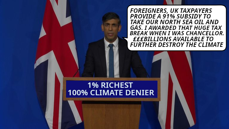 Rishi Sunak offers huge fossil fuel subsidies to develop fossil fuel extraction in UK.