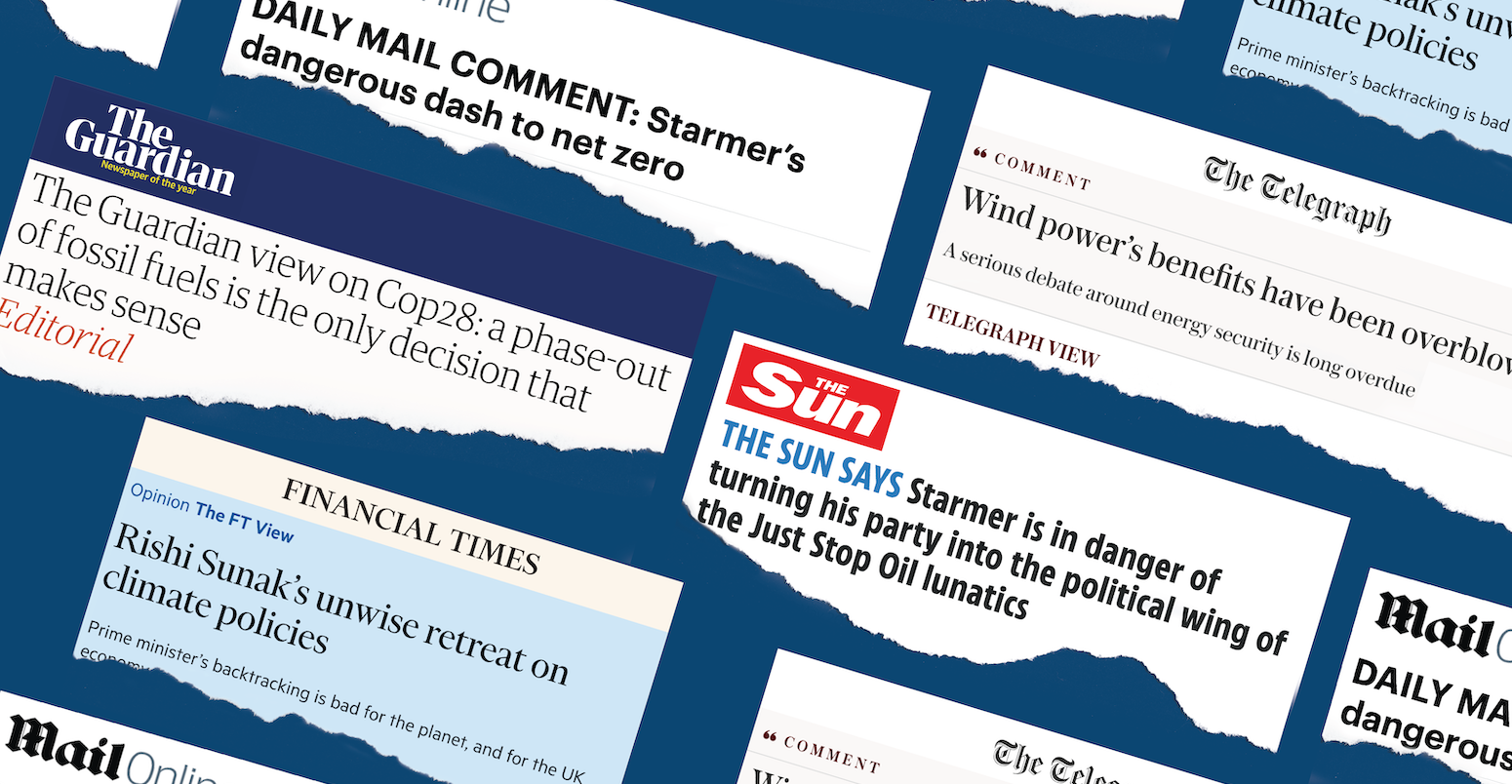 Graphic by Joe Goodman for Carbon Brief shows record opposition to climate action by UK’s right-leaning newspapers in 2023.