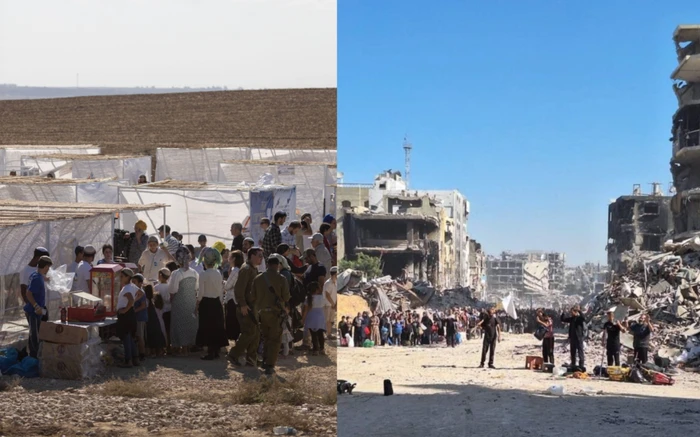 On the left, Israeli settlers gather at an event celebrating Sukkot near the Gaza Strip. On the right, displaced Palestinians line up at gunpoint in the ruins of Jabalia refugee camp. (Photos via +972 Magazine)