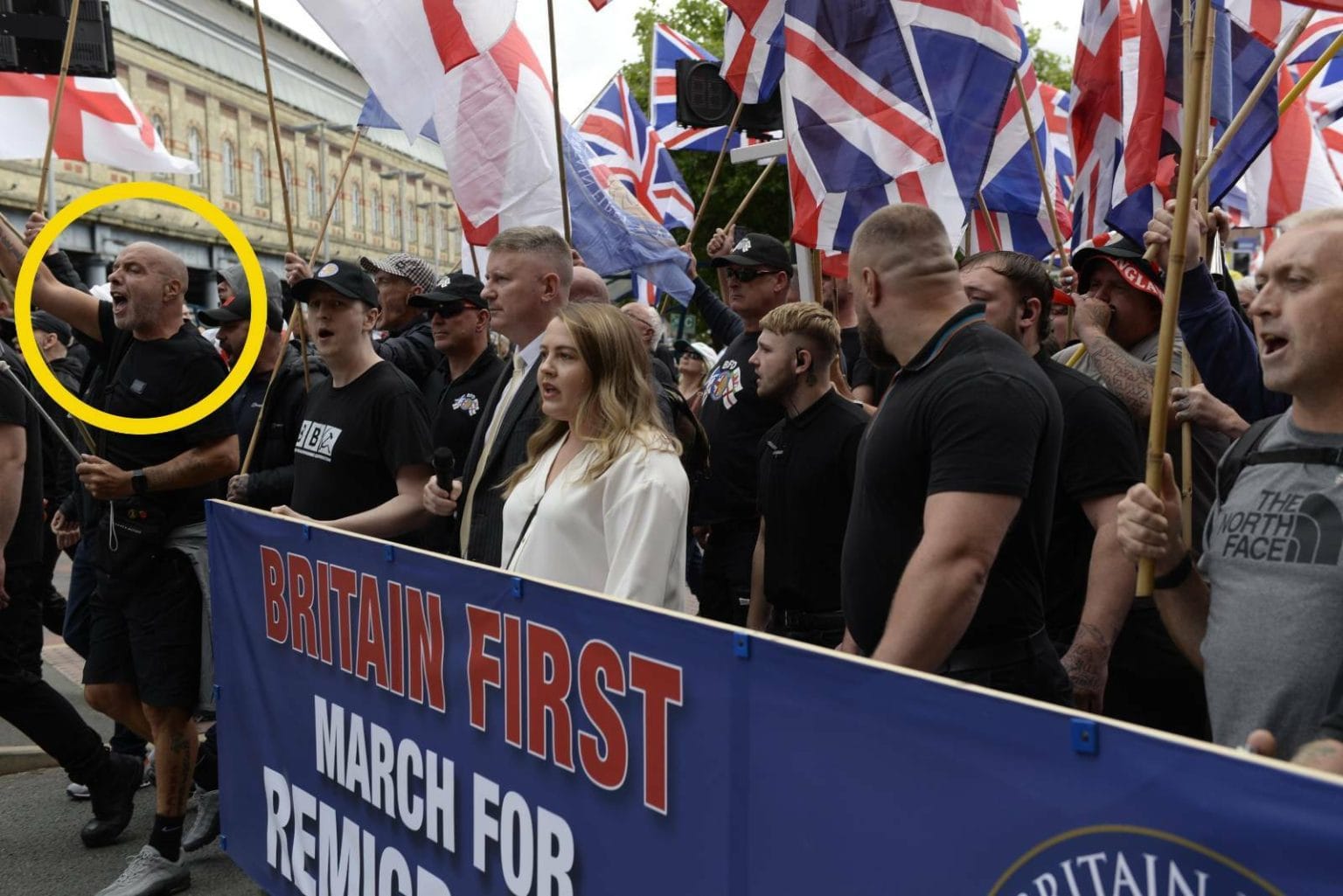 Convicted people smuggler Lee Twamley (circled) at Britain First’s “March for Remigration” in Manchester, 2 August 2025 (Picture: HOPE not hate)
